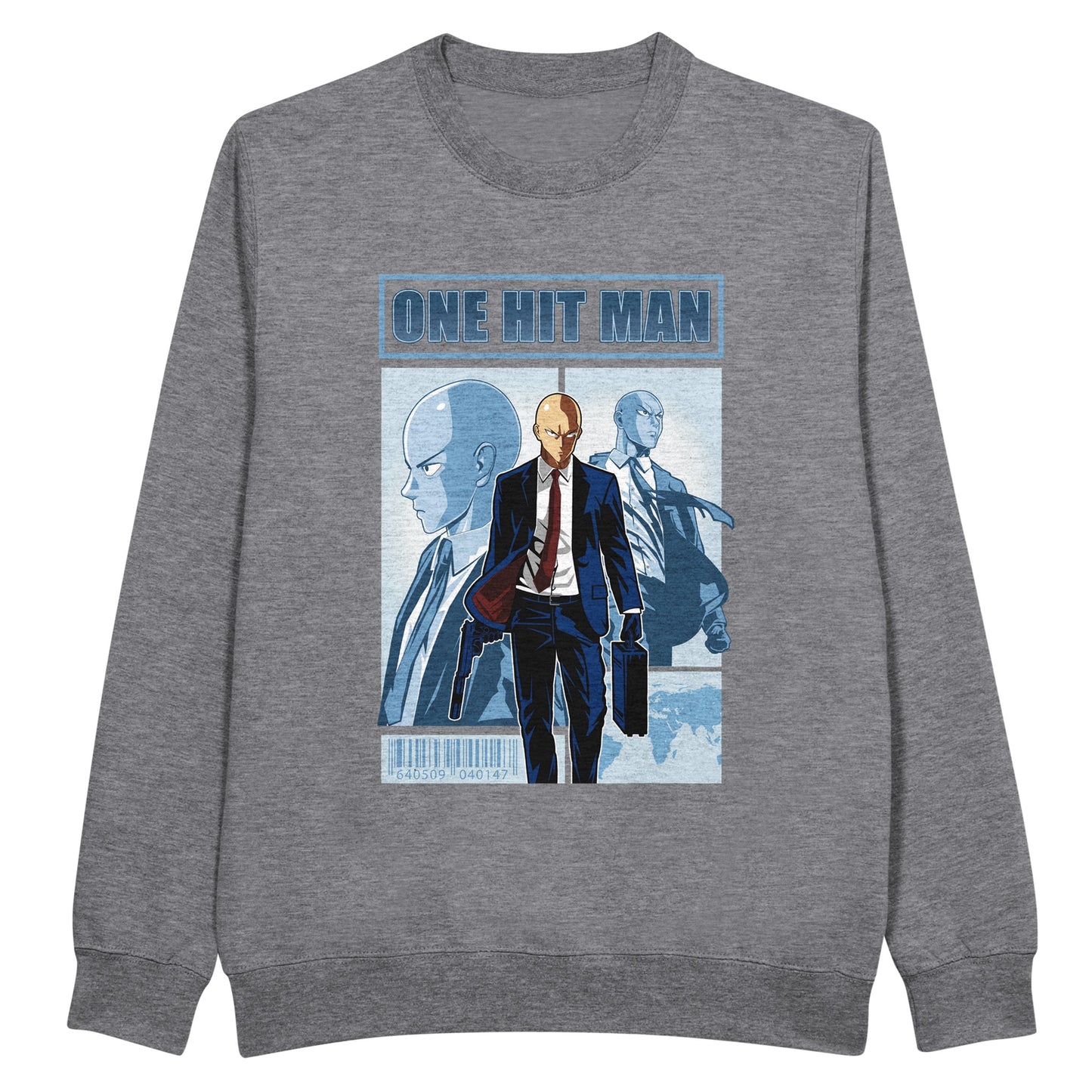 Gray sweatshirt with One Punch Man character in a suit with 'One Hit Man' text above.
