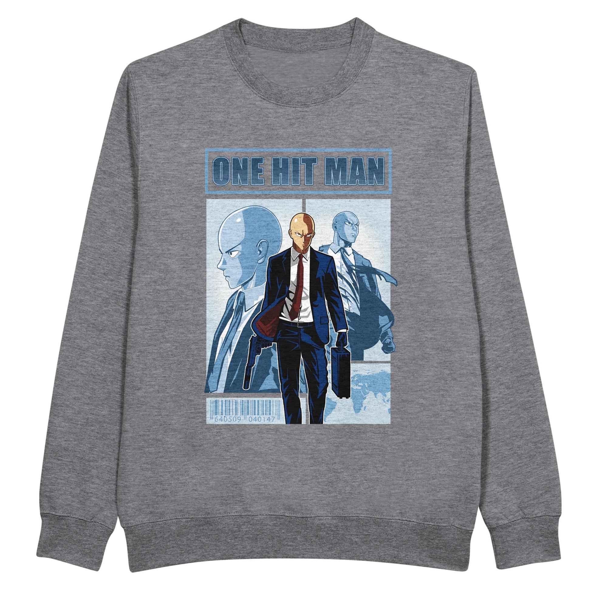 Gray sweatshirt with One Punch Man character in a suit with 'One Hit Man' text above.