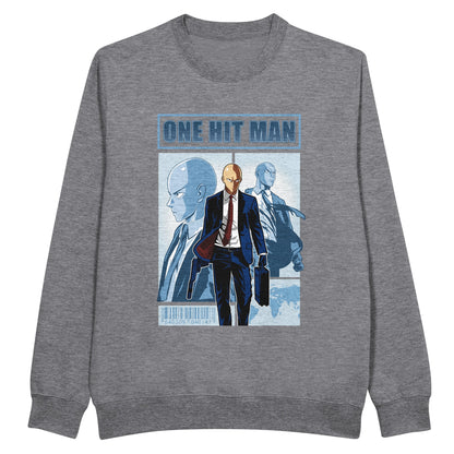 Gray sweatshirt with One Punch Man character in a suit with 'One Hit Man' text above.