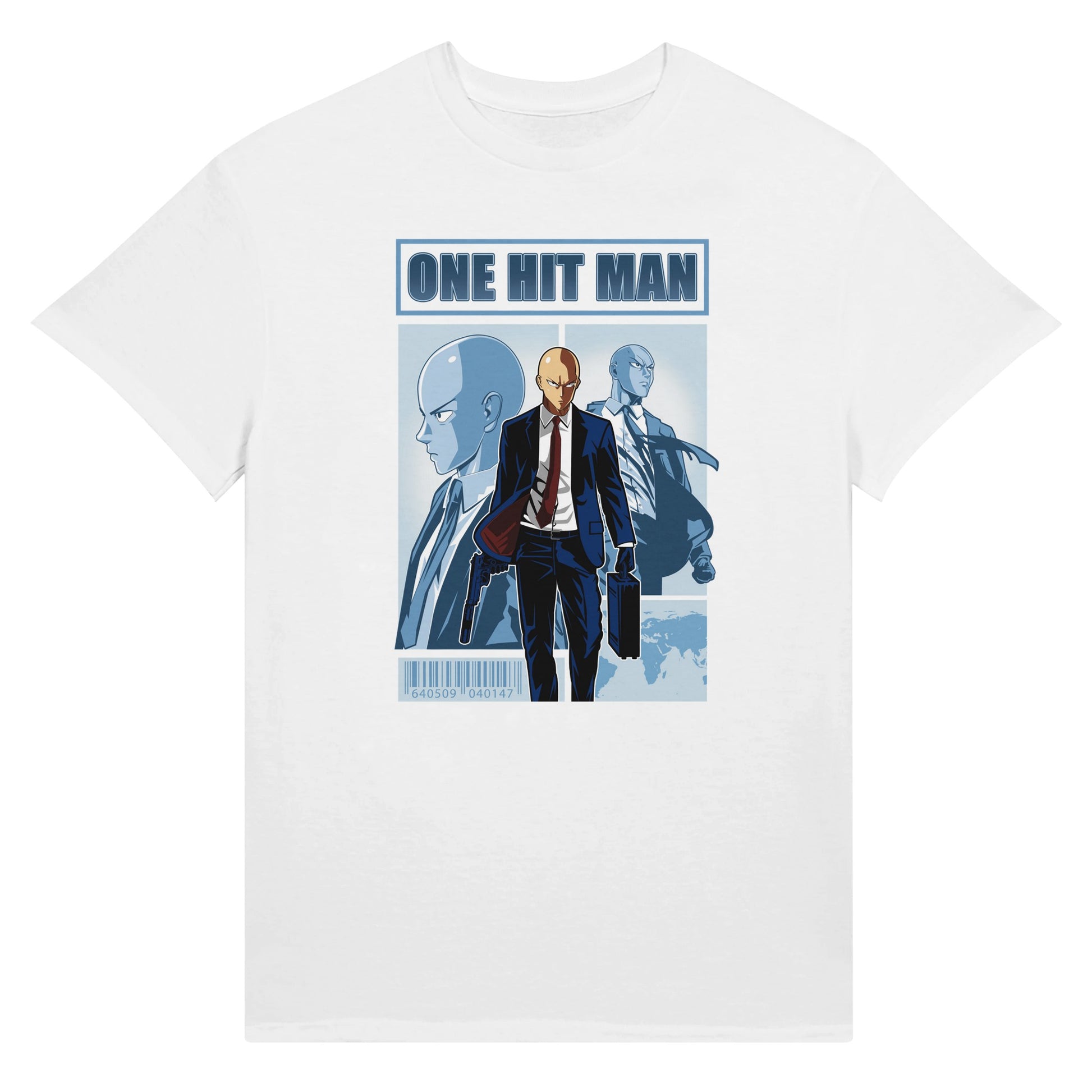 White t-shirt with One Punch Man character in a suit with 'One Hit Man' text above.