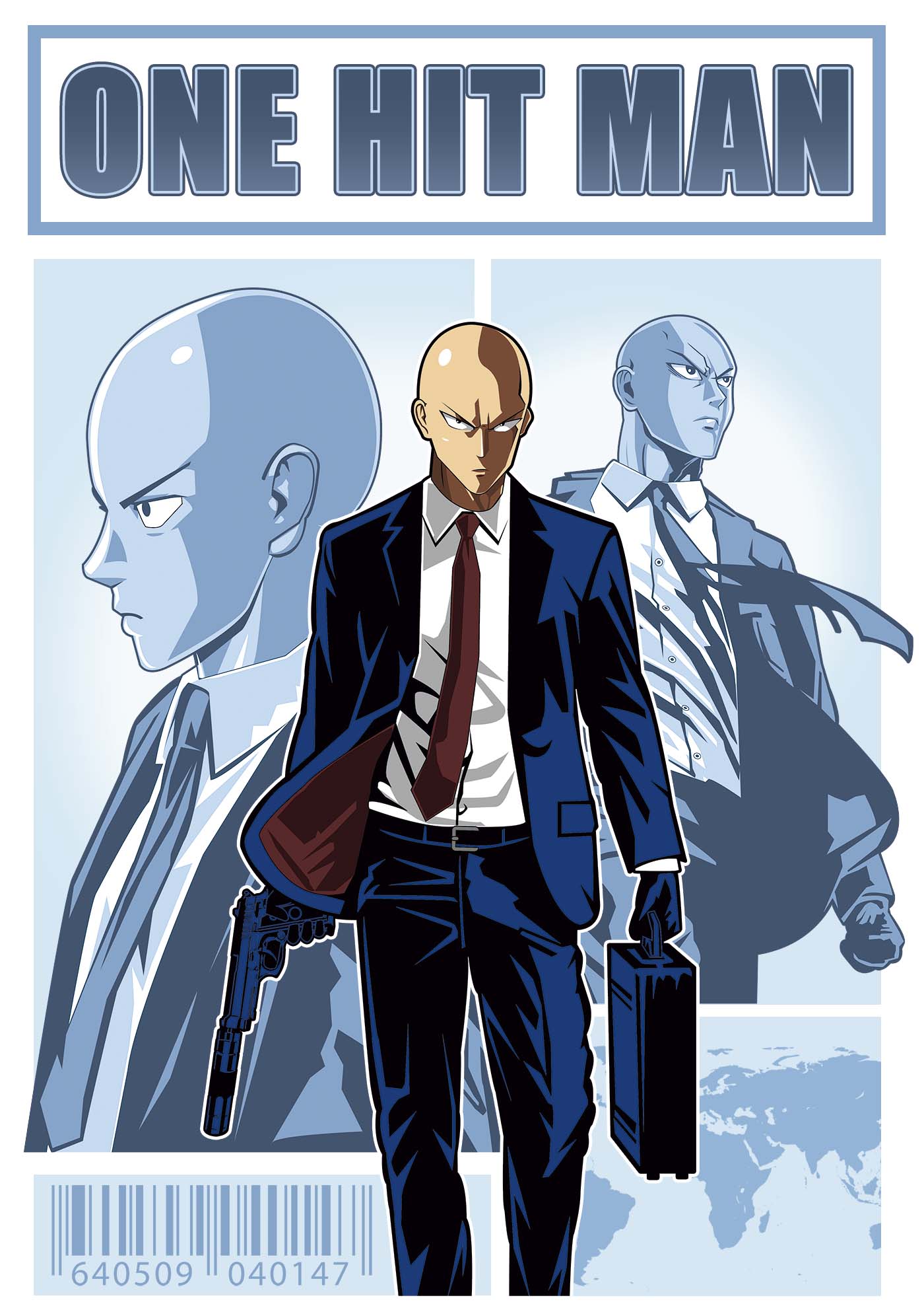 Anime character in a suit with One Punch Man character in a suit with 'One Hit Man' text above.