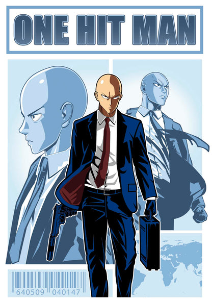 Anime character in a suit with One Punch Man character in a suit with 'One Hit Man' text above.