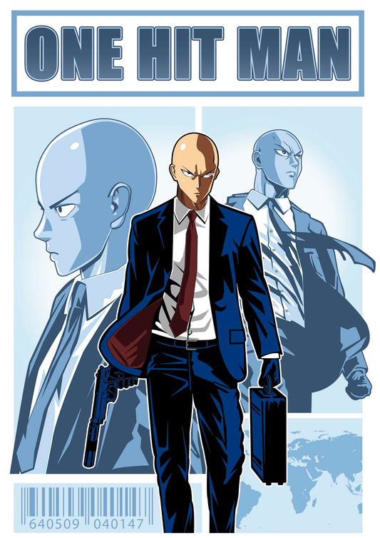 Anime character in a suit with One Punch Man character in a suit with 'One Hit Man' text above.