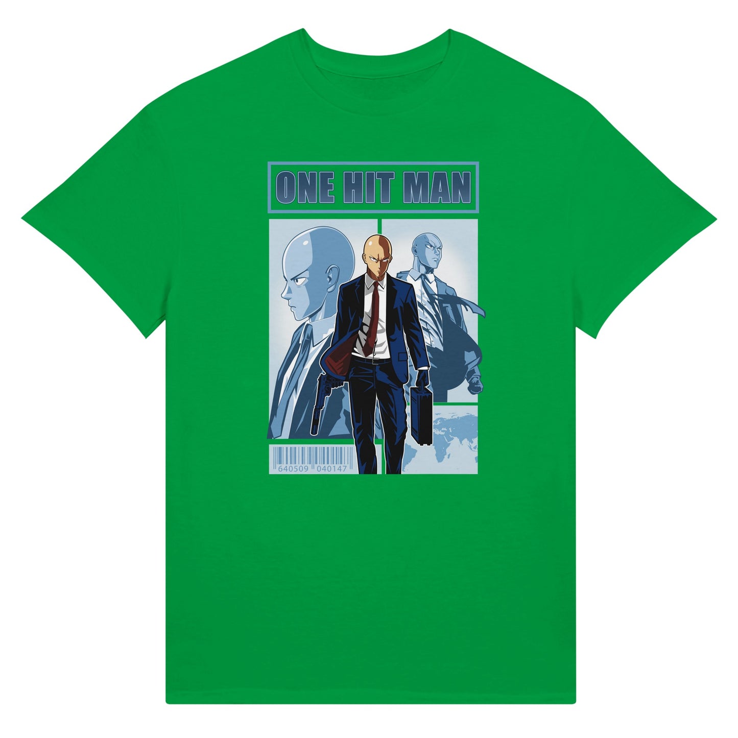 Green t-shirt with One Punch Man character in a suit with 'One Hit Man' text above.