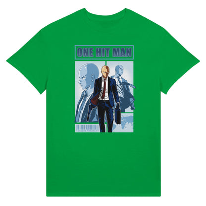 Green t-shirt with One Punch Man character in a suit with 'One Hit Man' text above.