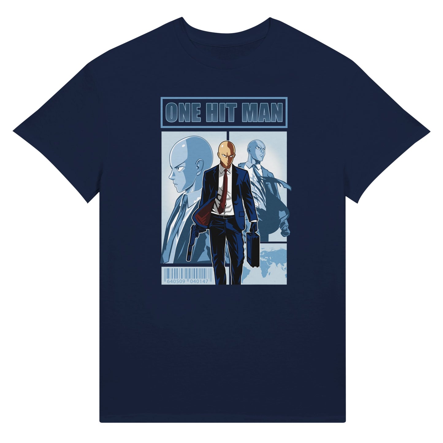 Navy blue t-shirt with One Punch Man character in a suit with 'One Hit Man' text above.