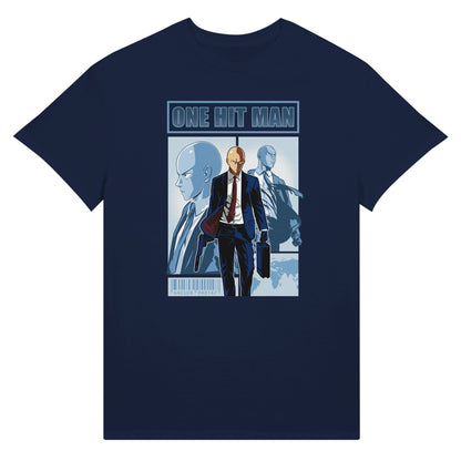 Navy blue t-shirt with One Punch Man character in a suit with 'One Hit Man' text above.