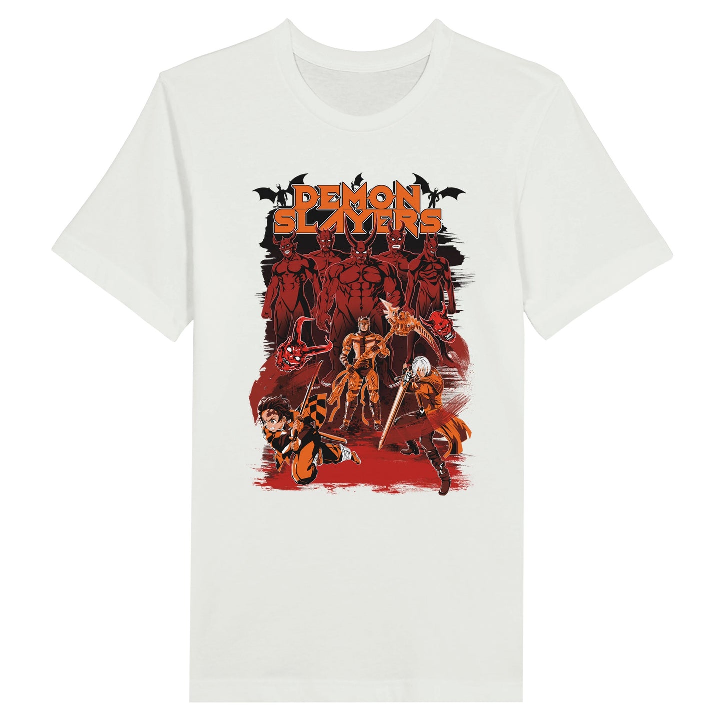 White t-shirt with Demon Slayer anime, Devil May Cry and Dante's inferno games