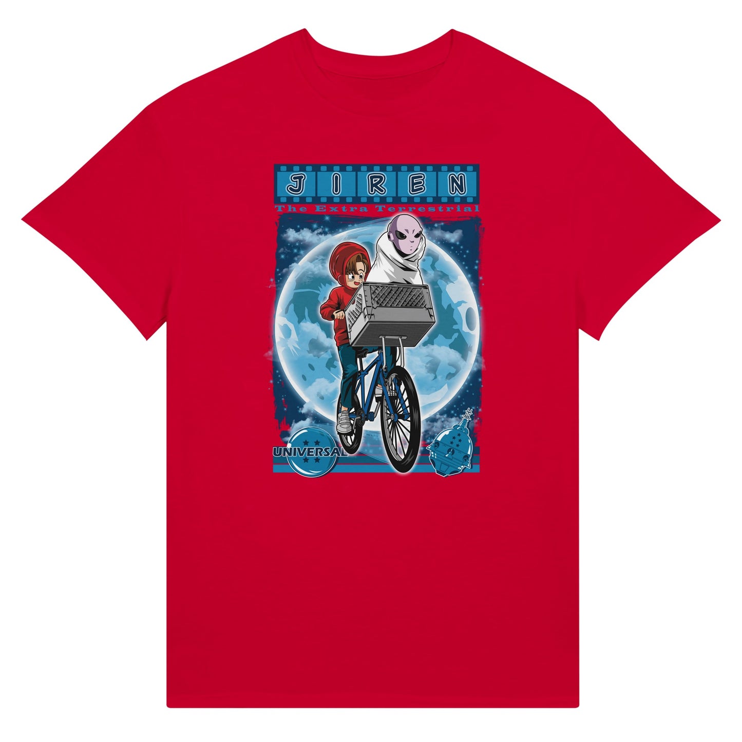 Red t-shirt with a graphic design featuring Jiren from DragonBall characters on a white background