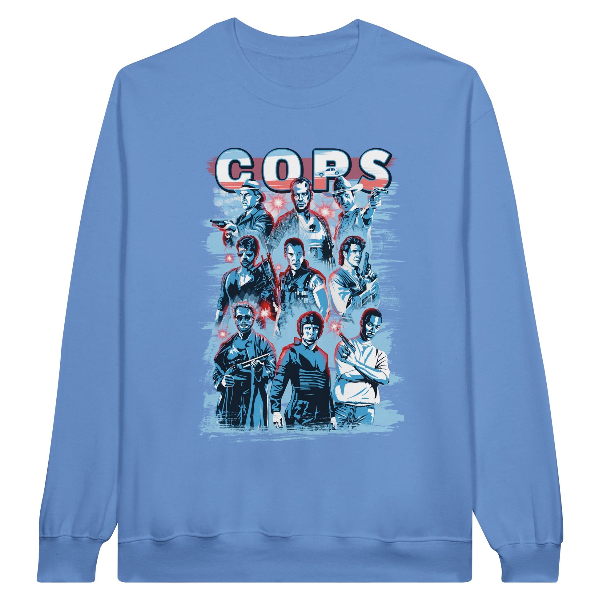 Blue sweatshirt with cops, police, police officers from classic action movies