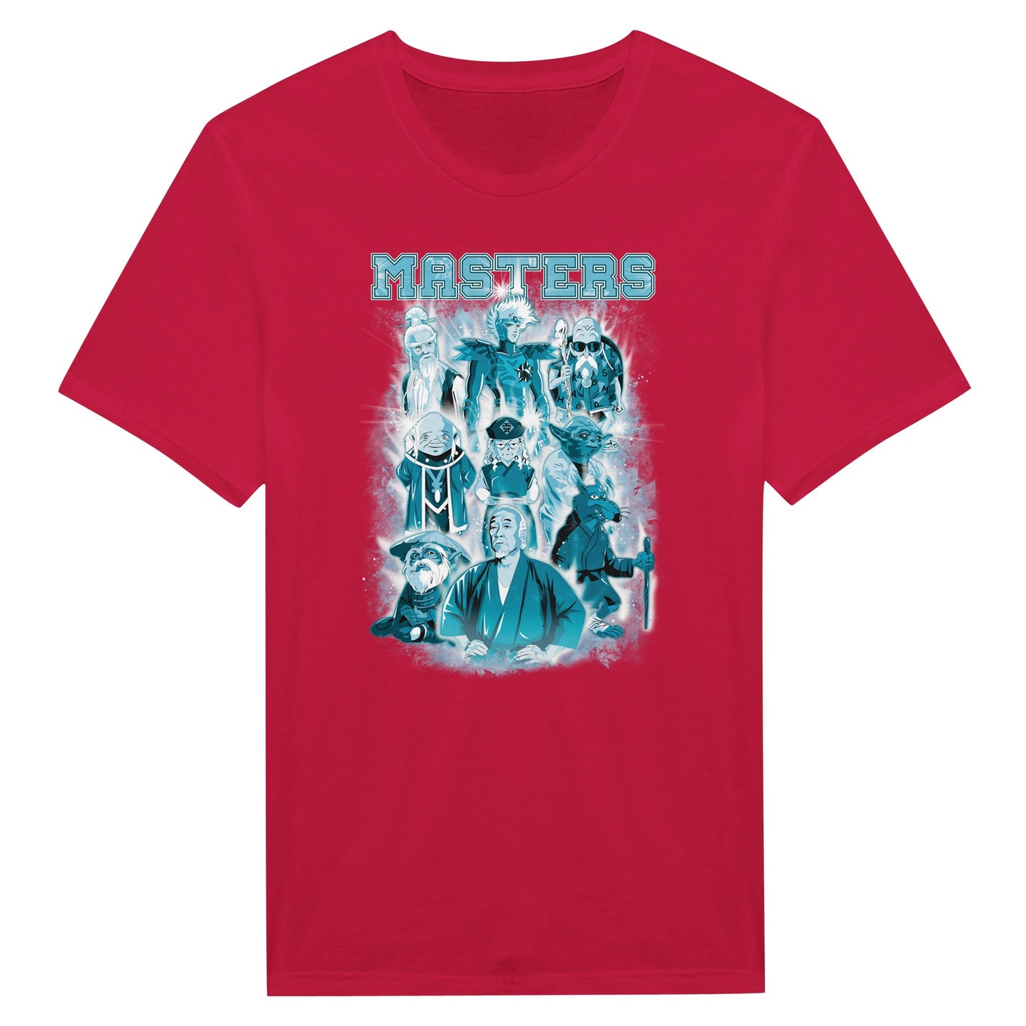 red t-shirt with the big masters from movies, animes and cartoons