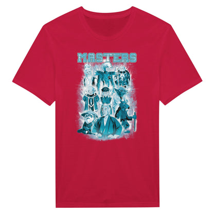 red t-shirt with the big masters from movies, animes and cartoons