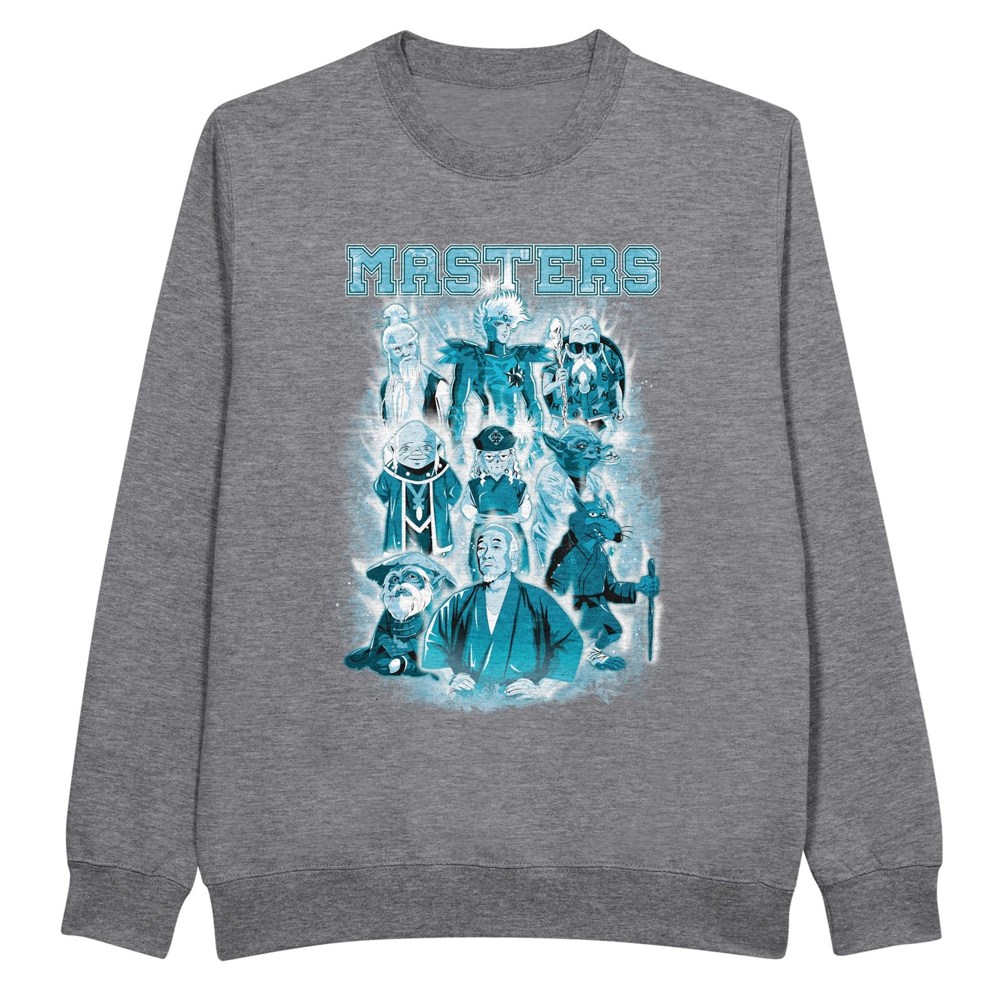 Grey sweatshirt with the greatest master characters of films, cartoons, series, and anime