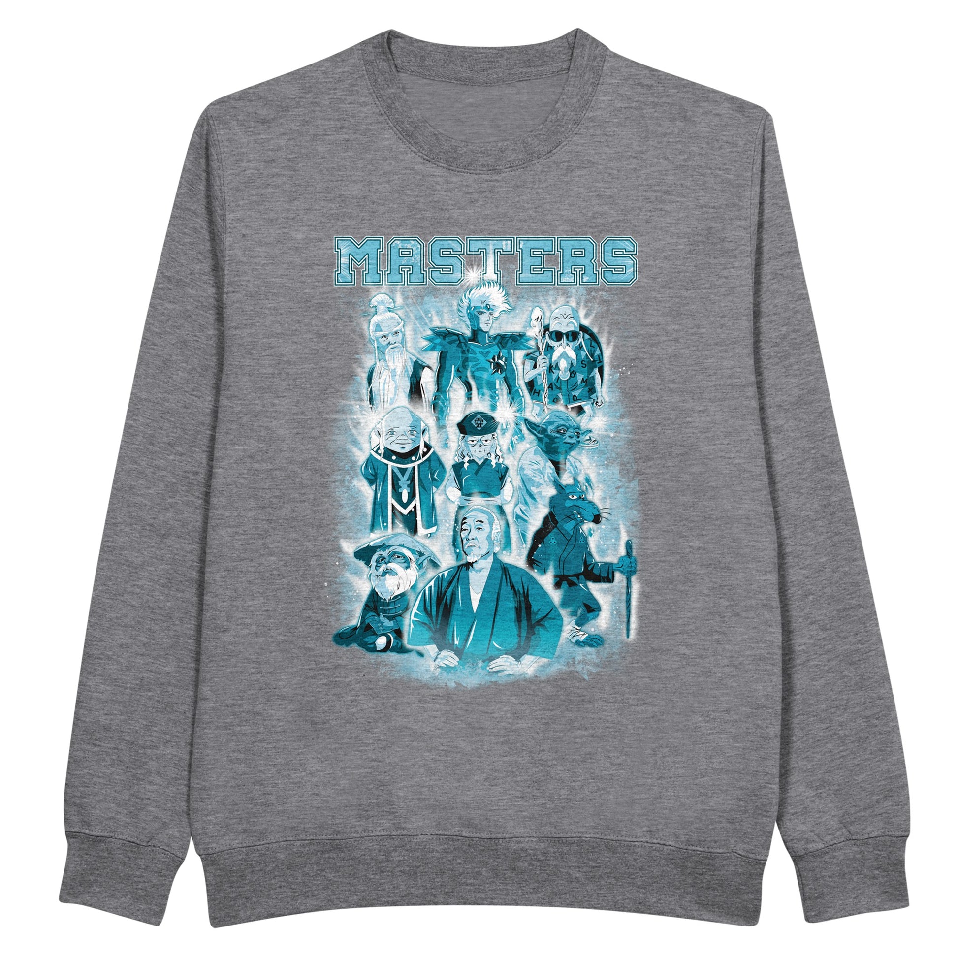 Grey sweatshirt with the greatest master characters of films, cartoons, series, and anime