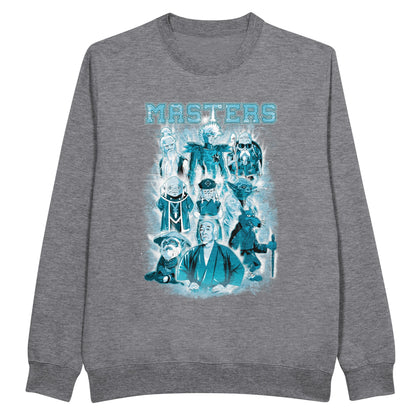 Grey sweatshirt with the greatest master characters of films, cartoons, series, and anime