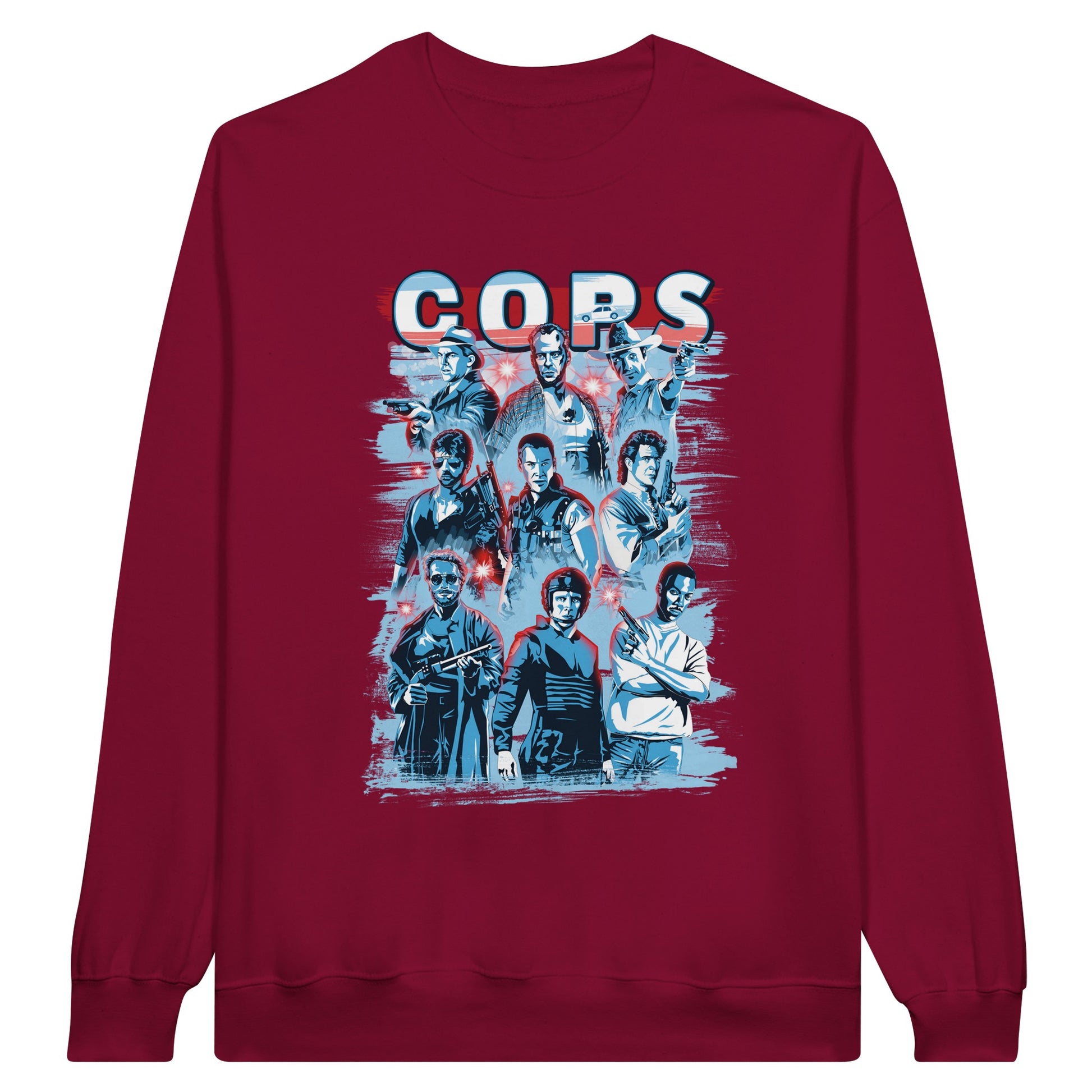 Red sweatshirt with cops, police, police officers from classic action movies