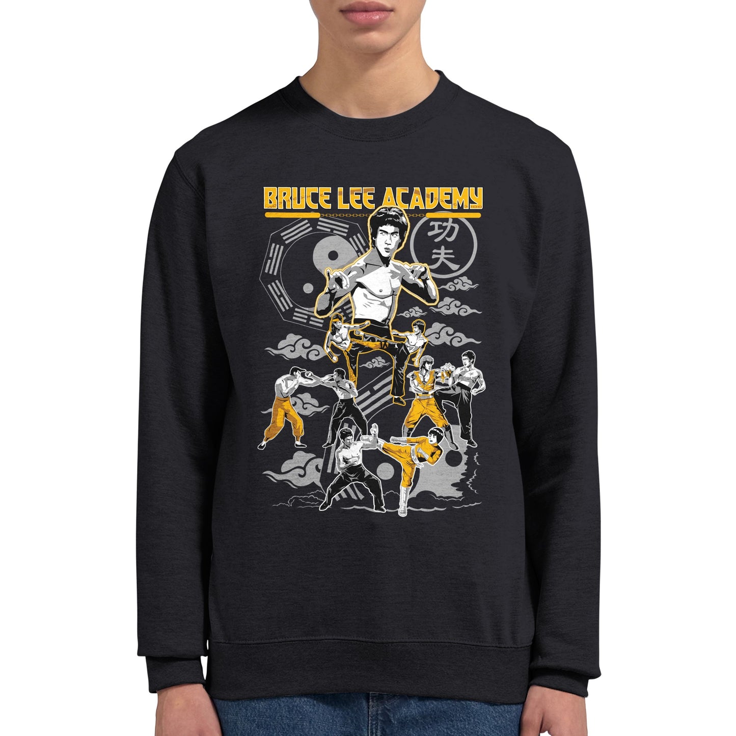 Model black Sweatshirt with Bruce Lee martial arts fighting