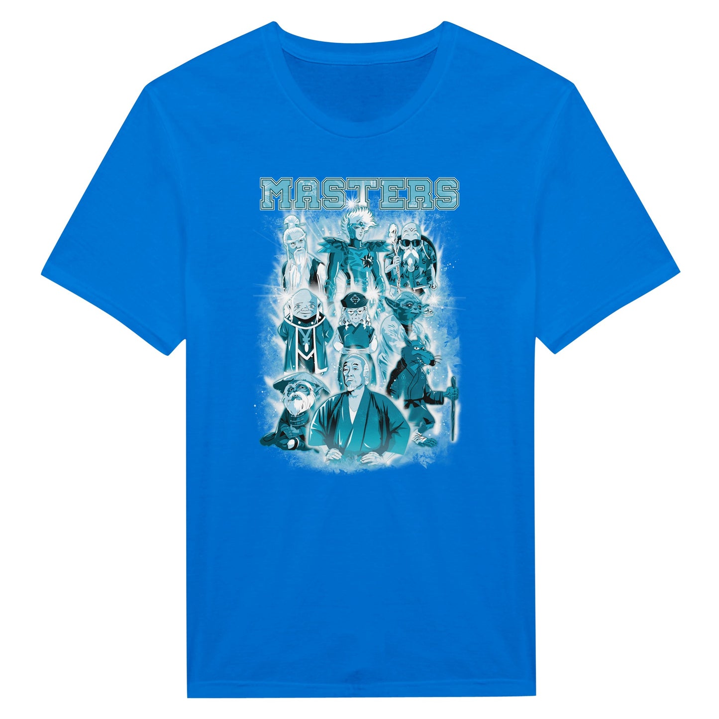 blue t-shirt with the big masters from movies, animes and cartoons