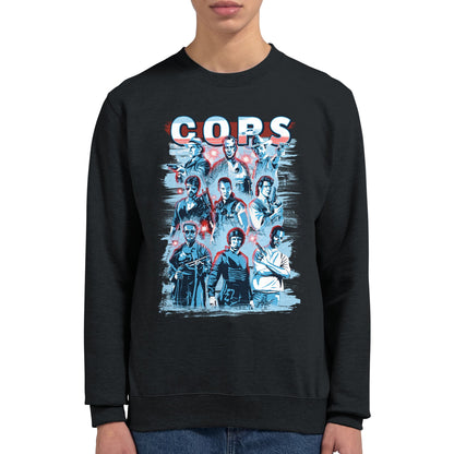 Model black sweatshirt with cops, police, police officers from classic action movies