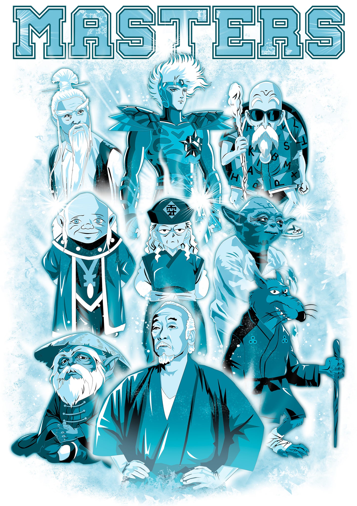 design for a t-shirt depicting masters of classic movies and animes 